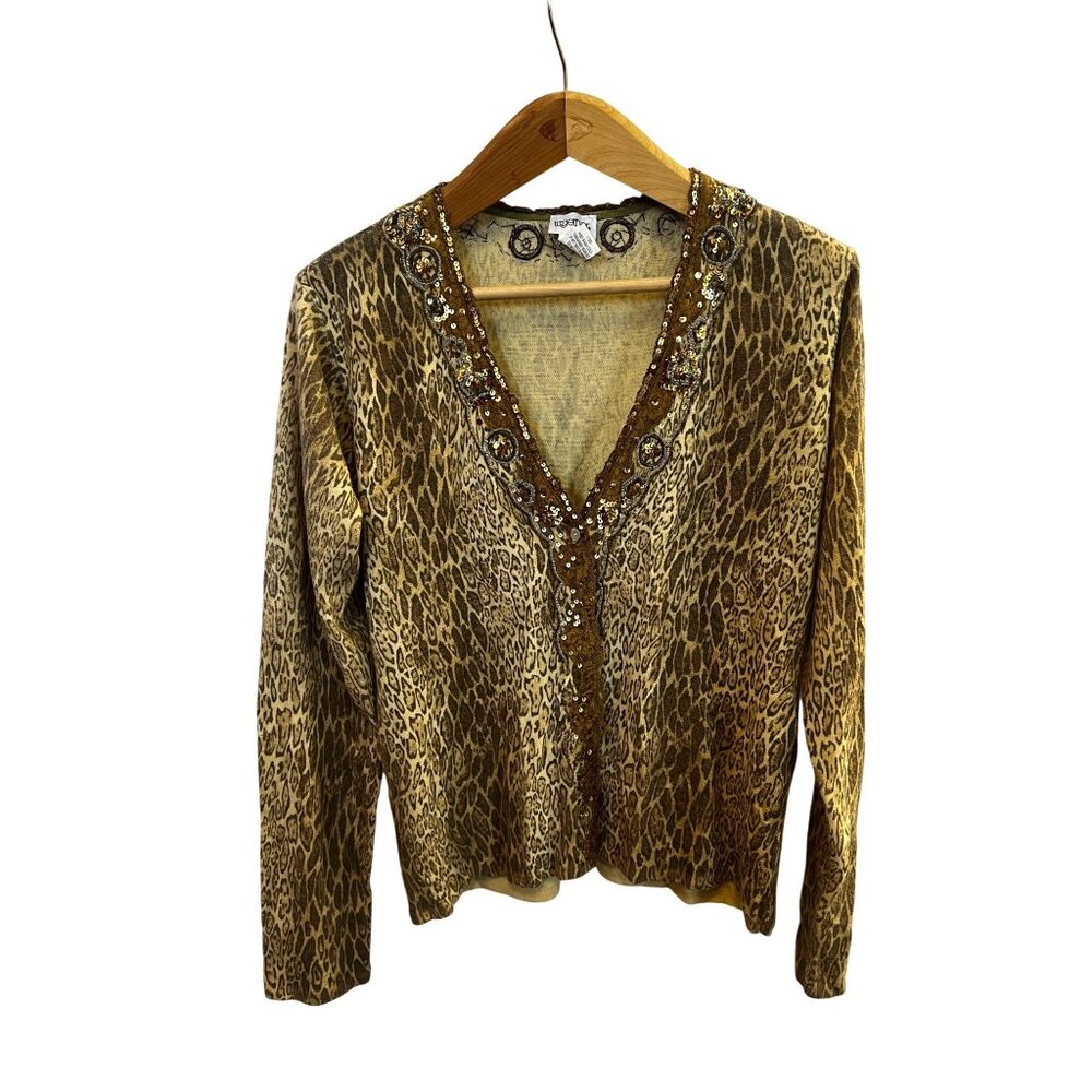 Sweater, size large, animal print button front embellished sequins, retro, Y2K